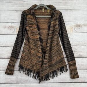 Buckle BKE Wool Blend Fringed Open Front Cardigan Sweater Womens M Brown Black